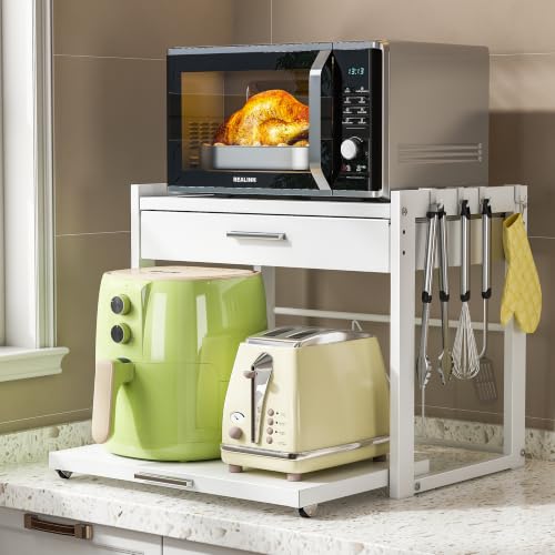 REALINN Microwave Stand with Pull-Out Drawer & Adjustable Shelf, 4 Hooks