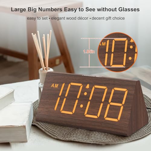 Wooden Digital Alarm Clock with Large Display, USB Charging Port & Dimmer