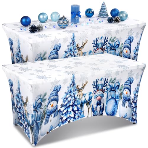 Moukeren 2-Pack Christmas Spandex Tablecloth 6ft Rectangular Blue Snowman (Blue Snowman / Blue White)