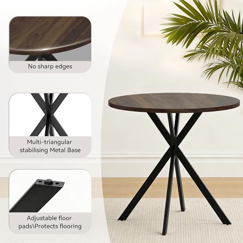 Walnut 31.5" Round Dining Table Set for 2 with 2 Brown Chairs - Mid-Century X-Shaped Leg
