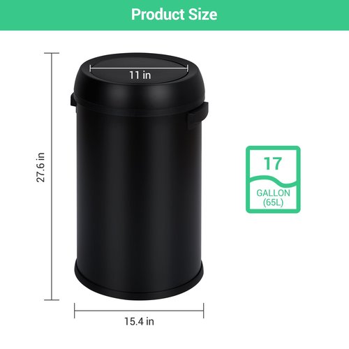 Garvee 17 gal/65 L Trash Can, Fingerprint-Proof Stainless Steel Swing Top Garbage Can, Heavy Duty Commercial Round Trash Bin with Swing Lid for Restaurant, Home, Office, Black