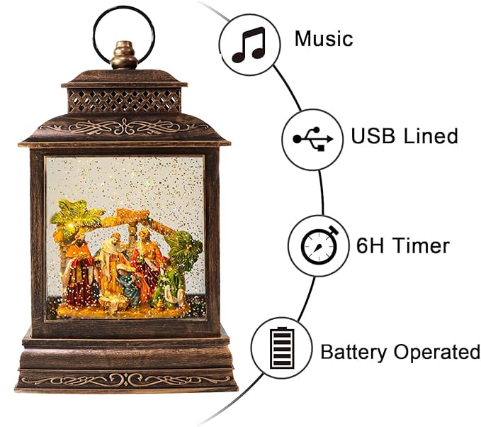 Json Christmas Nativity Snow Globe Lantern with Music & Timer - Water Scene, USB & Battery Operated