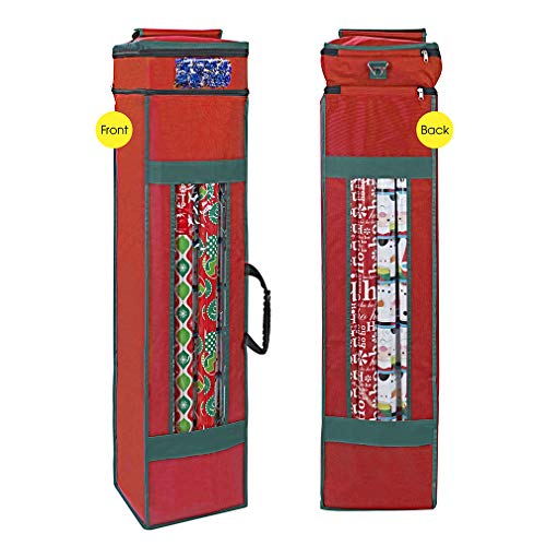 Wrapping Paper Storage Bag with Pockets Handles and Clear Window Red