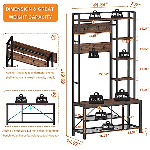 Rustic Hall Tree with Shoe Storage Bench and Coat Hooks, 5-Tier Shelves