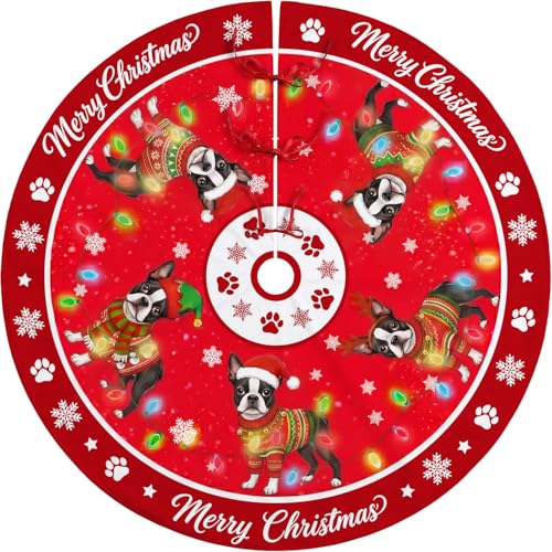 Boston Terrier Christmas Tree Skirt 48 Inch Holiday Decor for Indoor & Outdoor
