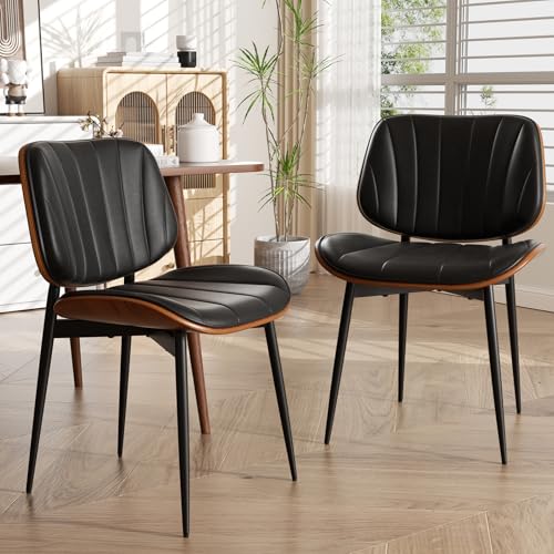 Black Set of 2 Mid Century Modern Dining Chairs - Upholstered Faux Leather & Walnut Bentwood Back, Metal Legs