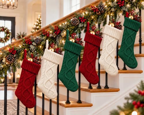 Fesciory 14-Inch Christmas Stockings 6 Pack – Burgundy, Ivory, Green Cable Knit