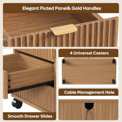5-Drawer Mobile Office Storage Cabinet with Fluted Wood Design