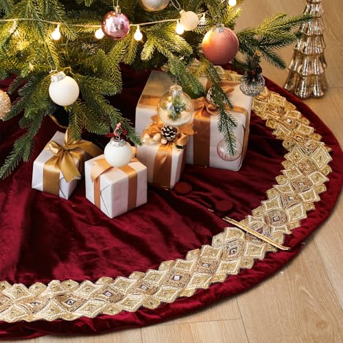 Soulchen 60-Inch Burgundy Velvet Christmas Tree Skirt with Gold Edge and Pearl Embellishments