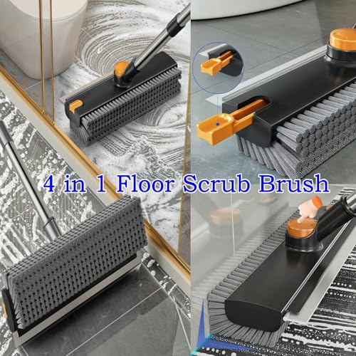 3-in-1 Floor Scrub Brush with Squeegee and 52" Long Handle for Tile & Grout