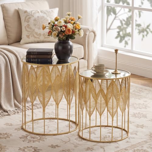 Gold Metal Nesting Tables Set of 2, Round Side Tables with Leaf Design