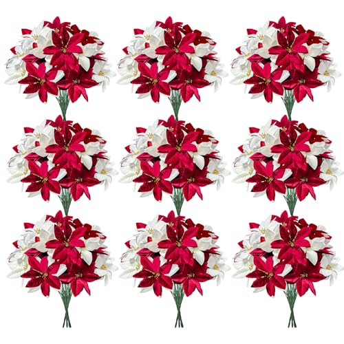 24 Pcs Artificial Christmas Poinsettia Flowers - Red & White Holiday Decor