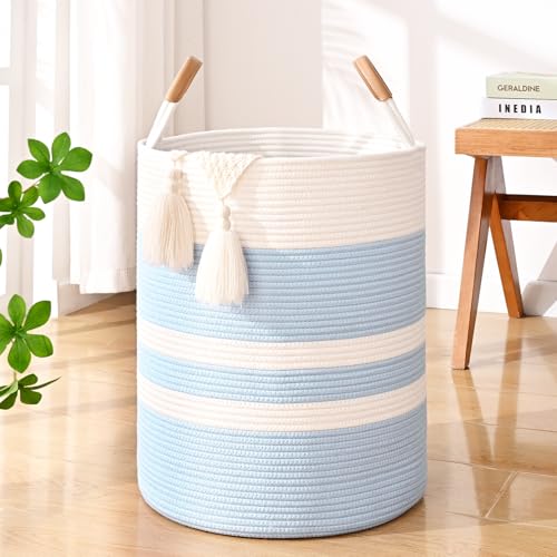 Large 60L Woven Cotton Rope Laundry Hamper with Sturdy Leather Handles