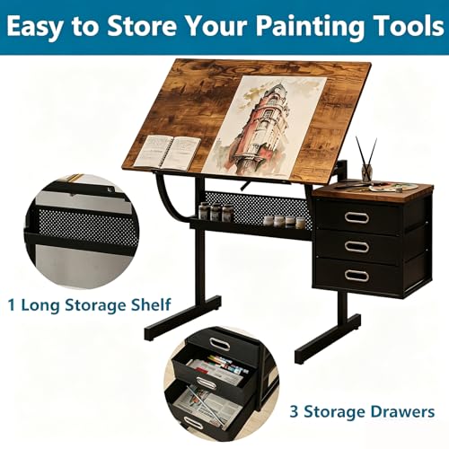 Adjustable Drafting Table with Stool and 3 Drawers - 35-inch Art Desk
