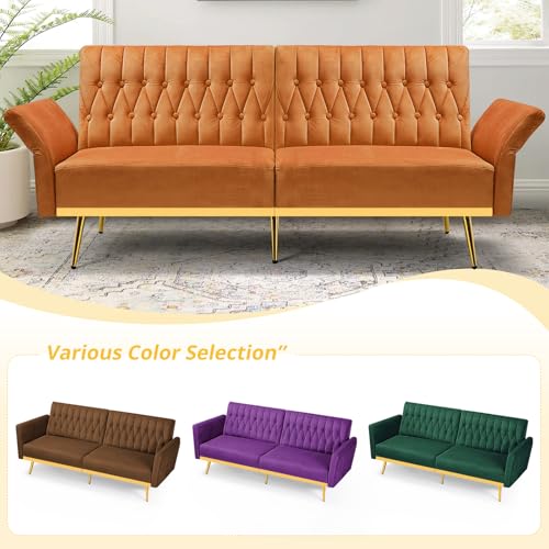 70-Inch Velvet Convertible Futon Sofa Bed with Adjustable Armrests