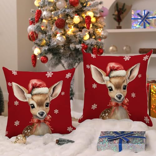 RLCMO Christmas Deer Hat Snowflake Throw Pillow Cover 18x18 Brown