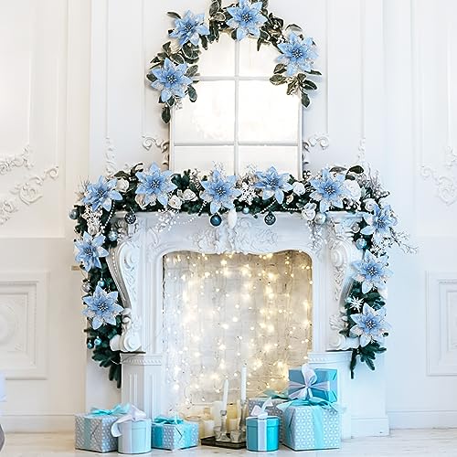 Geosar 36 Pieces Light Blue and Silver Artificial Poinsettia Christmas Flowers