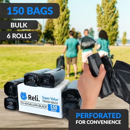55-60 Gallon Heavy Duty Trash Bags with Twist Ties - 150 Count, Black