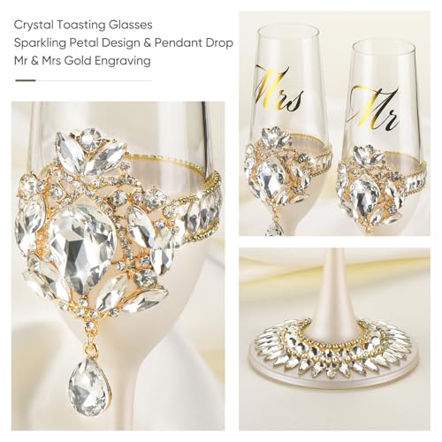 Gold Petal Rhinestone Wedding Cake Cutting Set with Champagne Flutes - BEKESIN