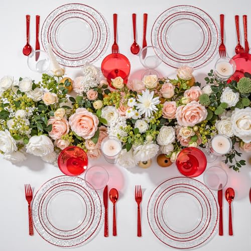 Ciaell 150-Piece Red & Clear Plastic Disposable Dinnerware Set for Weddings & Parties