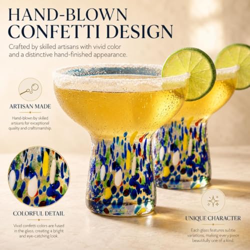 Confetti Stemless Margarita Glasses Set of 4 - Hand Blown Colorful Drinkware, Cocktail & Wine Glasses, Mexican Celebration