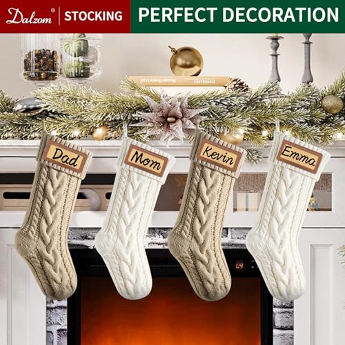 Dalzom 4Pcs Personalized 18" Christmas Stockings with Leather Patches - Ivory/Flaxen, Custom Name Family Set