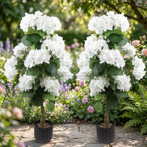 3 Ft Artificial Hydrangea Topiary Trees, UV Resistant Potted Faux Plant - 2 Pcs