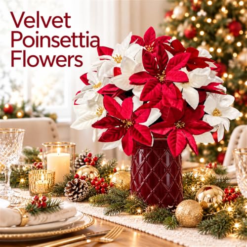 24 Pcs Artificial Christmas Poinsettia Flowers - Red & White Holiday Decor