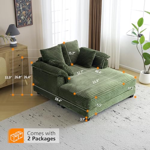 Oversized Corduroy Lounge Chair with Armrests and Pillows, 56-Inch Wide