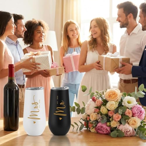 CARANOTS Mr & Mrs 2026 Champagne Flute Set - Wedding Gift, 10 oz Stemless Stainless Steel, Black & White, Gift Box