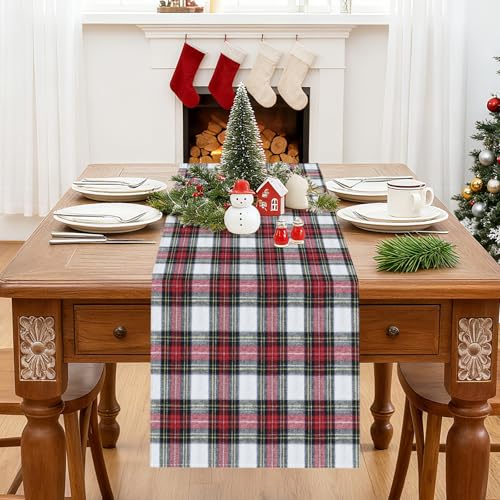 OTOSTAR Red & White Scottish Plaid Christmas Table Runner 13x60 Inch