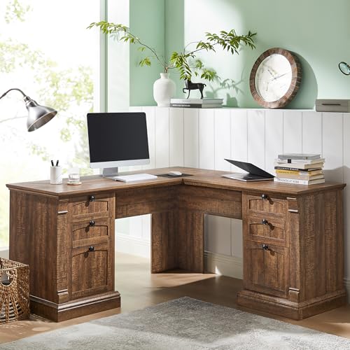 60-Inch L-Shaped Executive Desk with Charging Station and Storage Drawers