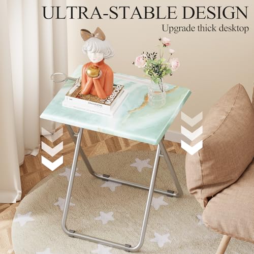 Folding TV Tray Table Set of 2 with Phone Slot, Sea Blue Marble, 25.6-inch