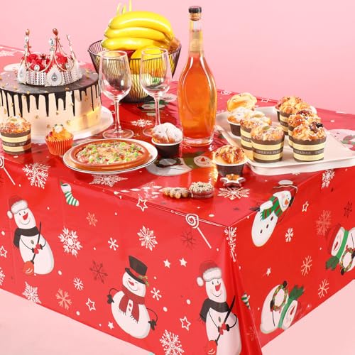 Irenare Red Snowman Christmas Tablecloth 54x108 in - 1 Pcs Winter Snowflake Plastic