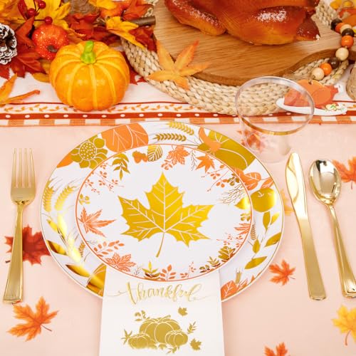 GATHER Thanksgiving Gold Plastic Plates Set with Gold Maple Leaves & Pumpkins
