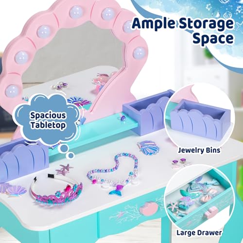 Kids Vanity Table and Chair Set with Lighted Mirror - Ocean Theme