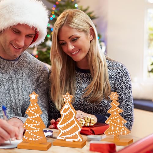Syhood Christmas Gingerbread Tree Decor - 3 Pcs Wooden Tabletop Holiday Centerpieces