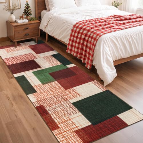 Ailyei Red-Green 2' x 6' Washable Christmas Runner Rug - Hallway & Kitchen