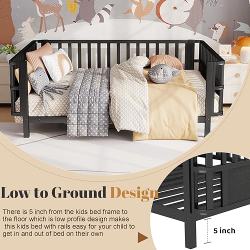 Full Size Montessori Bed Frame with Guardrails, Low Profile Metal & Wood Bed