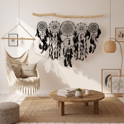 5-Pack Black Macrame Dream Catcher Set, Boho Wall Hanging Decor