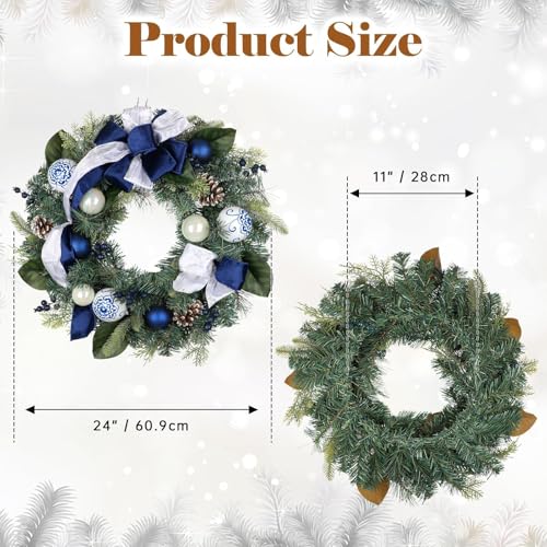 24 Inch Blue and White Christmas Wreath with Bows, Berries & Pinecones for Front Door Holiday Decor