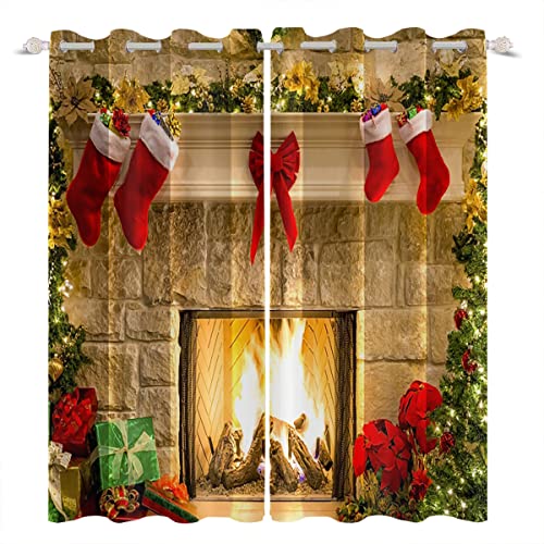 Umpoo 2 Pack Christmas Fireplace Window Curtains - Holiday Red & Xmas Tree Design, 52 x 96 Inches