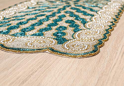 Teal Gold Silver Beaded Table Runner 13x36 Inch Handmade Festive Home Decor