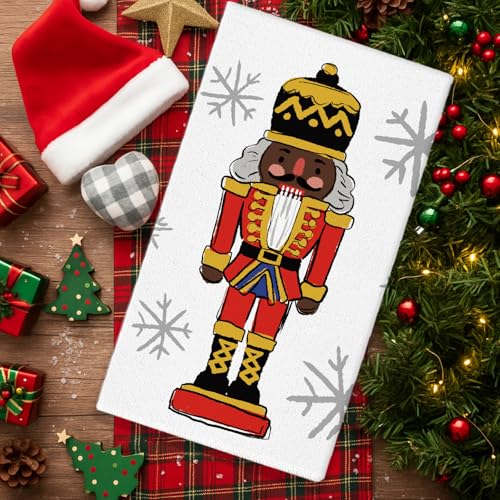Christmas Kitchen Towels Set of 2 - Black Nutcracker & Santa Holiday Dish Towels