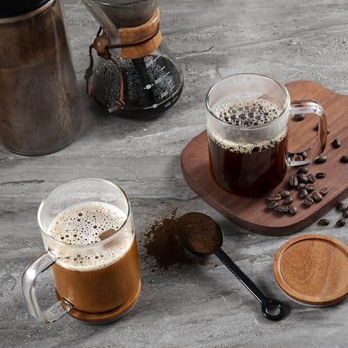 DRASTAR 20 oz Glass Coffee Mug Set with Acacia Wood Lids – Large Handle Tea & Latte Cups, Pack of 2
