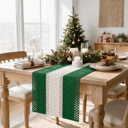 Dark Green Farmhouse Woven Table Runner 12x36 Inch - Artoid Mode