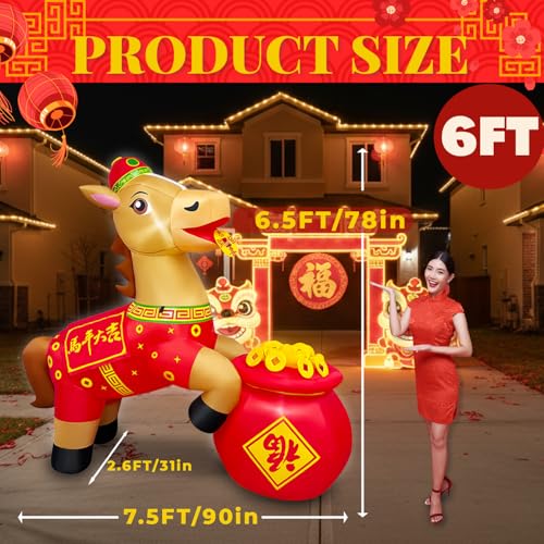 6FT Inflatable Chinese Horse for Lunar New Year Decorations with LED Lights