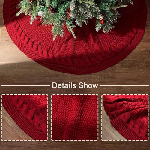 48-Inch Cable Knit Christmas Tree Skirt - Wine Red Rustic Farmhouse Decor