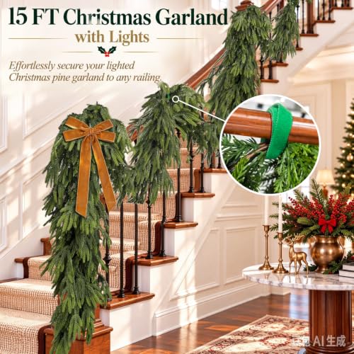 Deckit 15ft Christmas Garland with 100 LED Lights, Real-Touch PE Norfolk Pine & Cedar