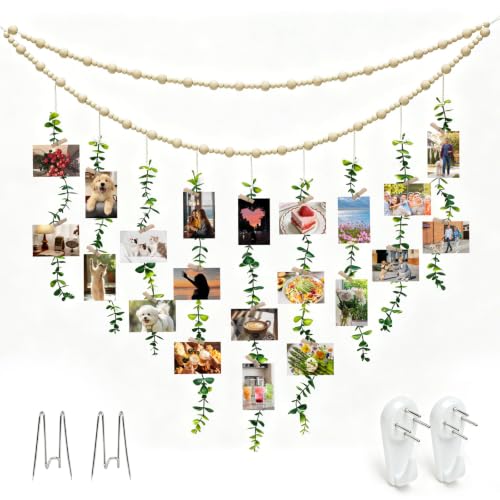 Boho Hanging Photo Display with 20 Clips and Artificial Greenery